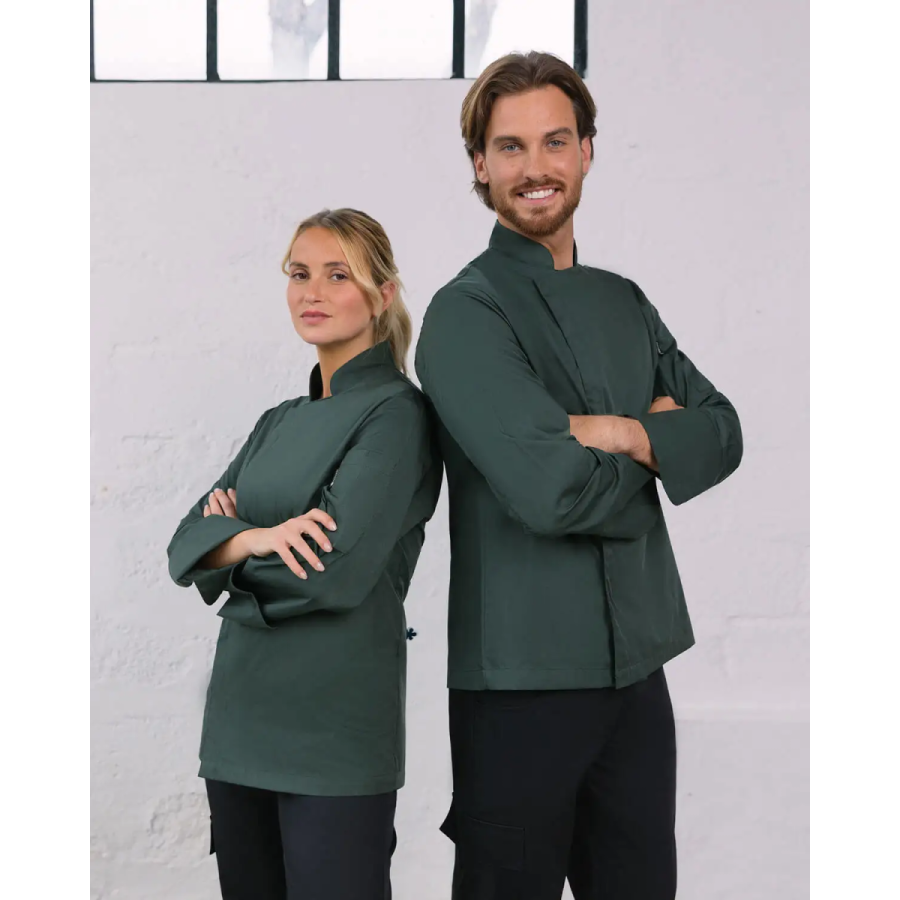 CHAQUETA COCINA CORCHETES OCULTOS UNISEX VERDE OLIVA