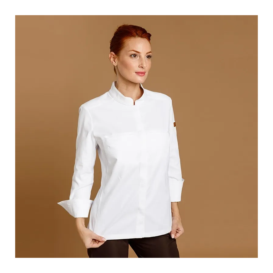 CHAQUETILLA COCINA MUJER MICROFIBRA CUELLO MAO BLANCA FRENTE