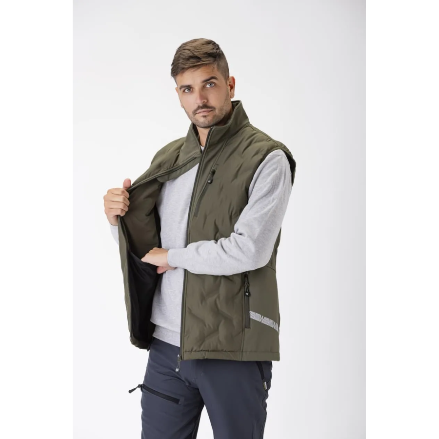 CHALECO WORKSHELL ELÁSTICA ACOLCHADA VERDE CAZA FORRO
