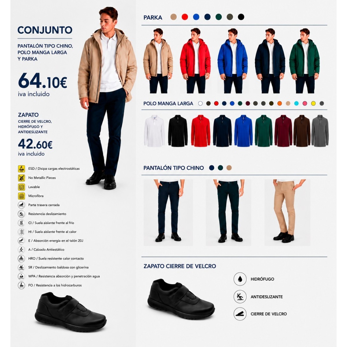 Pack uniforme de trabajo: pantalón chino + polo + parka