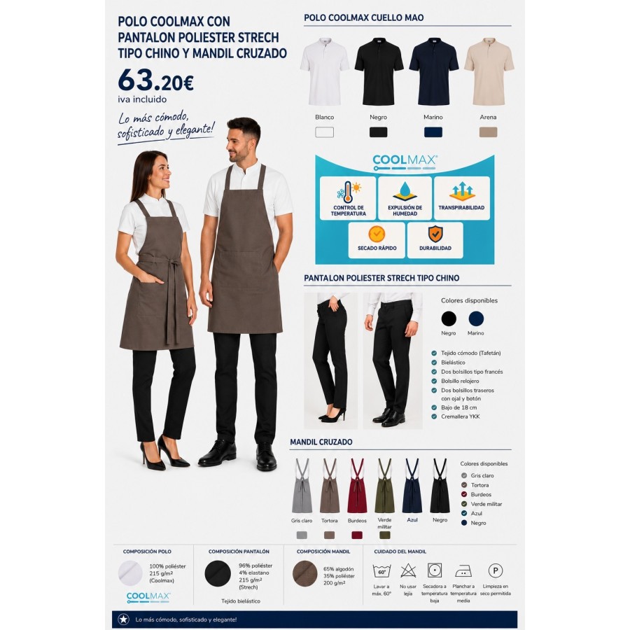 ⭐ Pack uniforme hostelería: polo Coolmax + pantalón chino + mandil | Azules de Vergara